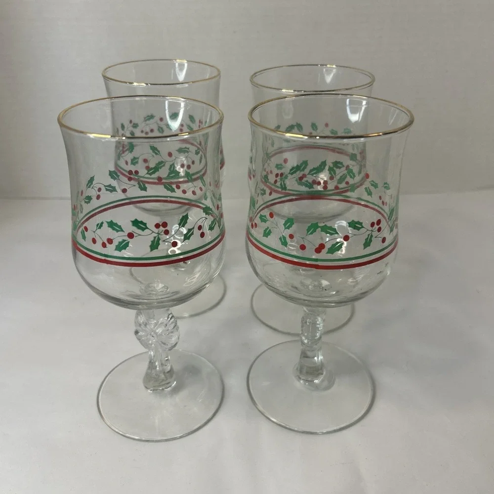 Libbey Arby's 1985 Holly & Berry Christmas Wine Glasses Gold Rim Read